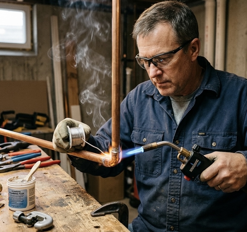Soldering a copper pipe fitting with a blowtorch